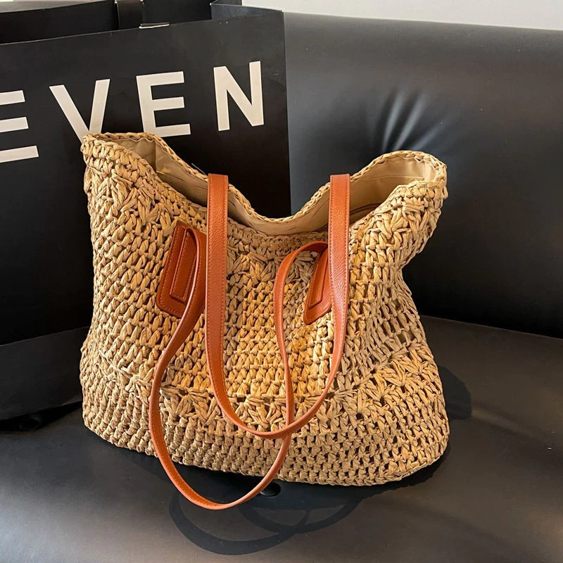 French Straw Woven Bag, Ethnic Style Leisure Solid Color, Large Capacity Tote Bag