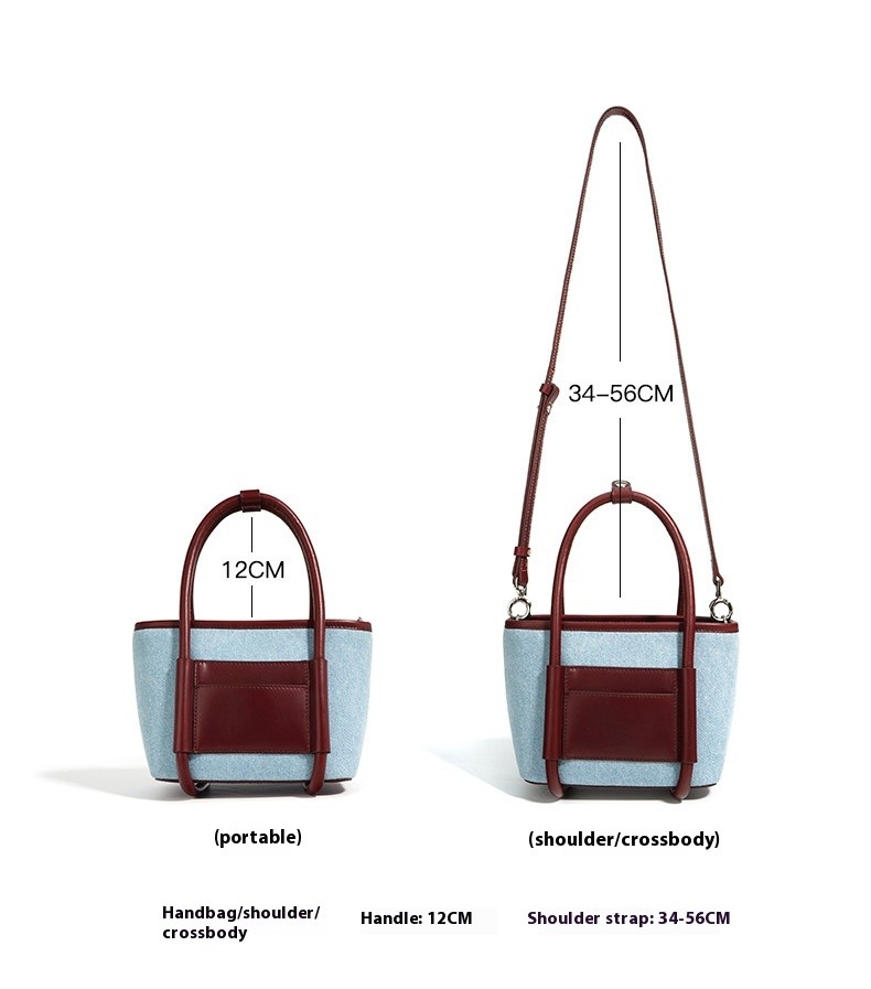 Top Layer Cowhide With Denim Cloth Vegetable Basket Bag Niche Splicing Single Shoulder Crossbody