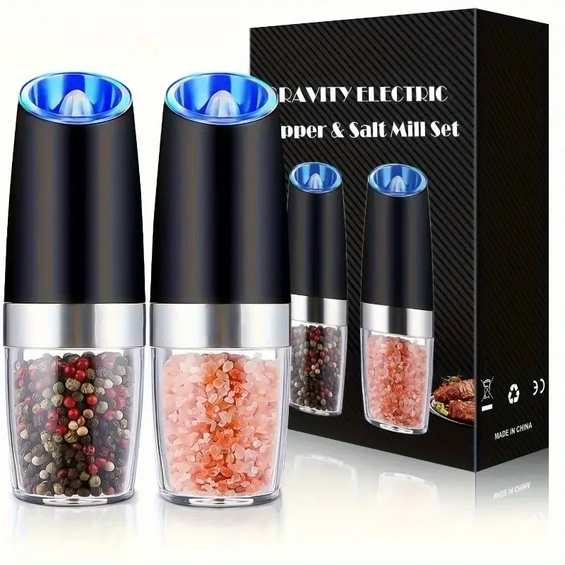 2pcs Electric Pepper and Salt Grinder Set, Adjustable Coarseness, Gravity Feed, Battery Operated with LED Light, Stainless Steel, Food Contact Safe, Requires 3 AA Batteries (Not Included)
