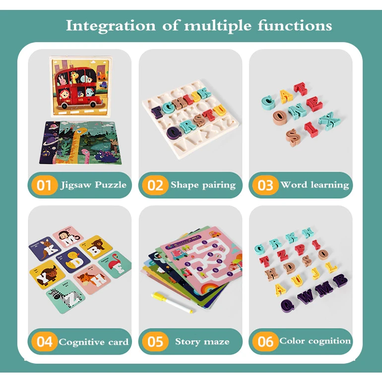 Meibeile 3in1 Alphabet With Handle Storage English Letter Learning Shape Matching Diy Puzzle Set Line Drawing Maze Kids