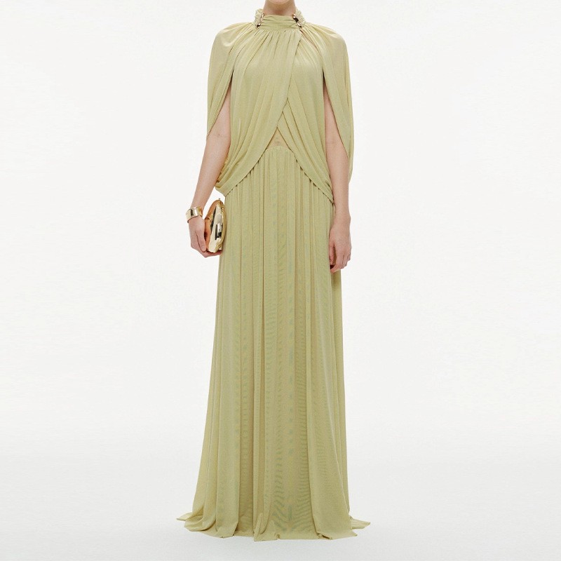 Twilight Whispers Green Draped Cape Sleeve Knit Maxi Dress