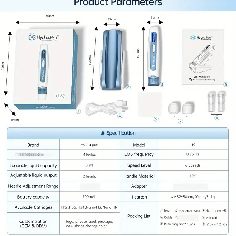 Hydra.Pen H5 Wireless Skin Care Device, 0.25mm Blue Nano Cartridges, Low Allergenic, USB Rechargeable (700mAh Lithium Battery), Facial Beauty Tool for Home Use