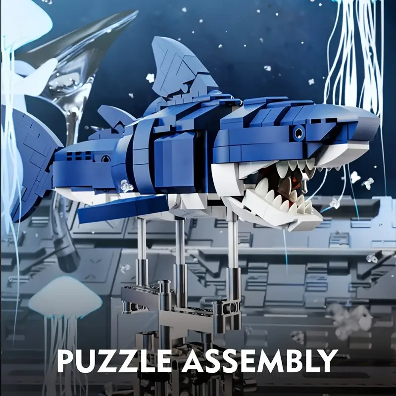 Marine Explorer 687pcs Blue Shark Model Building Kit with Illumination and Display Stand, ABS Material, Multi-Joint Linkage Mechanism, STEM Educational Toy for Sea Enthusiasts