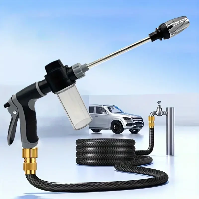 1pc Portable High-Pressure Car Washing Water Gun, 3/4 Inch And 1/2 Inch Quick Connection Adapter, Multi-Function Garden Hose Nozzle, Adjustable Thickening Rod Spray, Suitable for Car Cleaning And Pet Cleaning