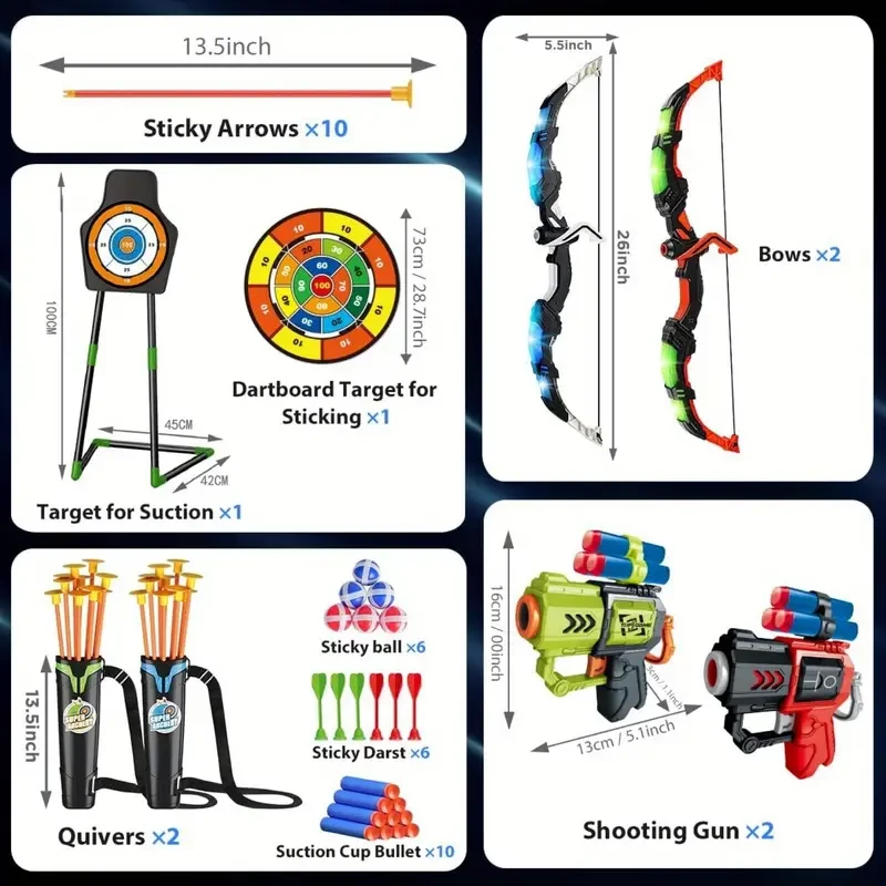 VATOS 2 Pack Bow and Arrow Toy for 5 6 7 8 9 10 11 Year Old Boys Girls, Light Up Archery Toy With Cup Suction Standing Target & 29 IN Dart Board, Indoor Outdoor Activity Toys Birthday