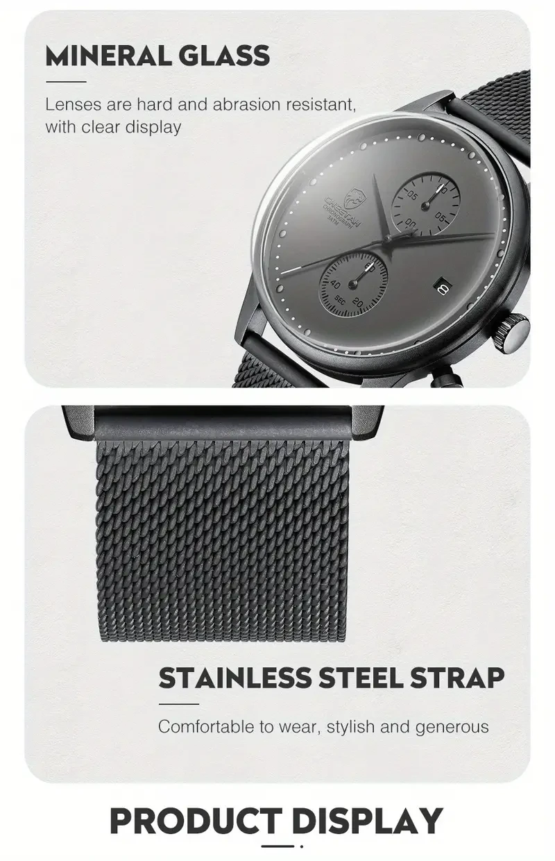 New CHEETAH Brand Fashion Casual Men Watches Chronograph Quartz Stainless Steel Mesh Waterproof Sports Clock with Auto Date