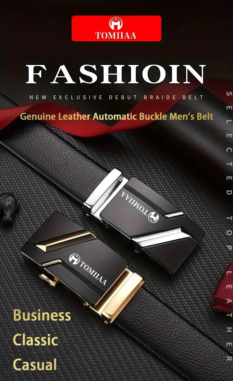 2pcs/Set TOMIIAA Gift Set Men's Genuine Leather Belt Business Casual Automatic Buckle Men's Belt & High Quality Men's Wallet