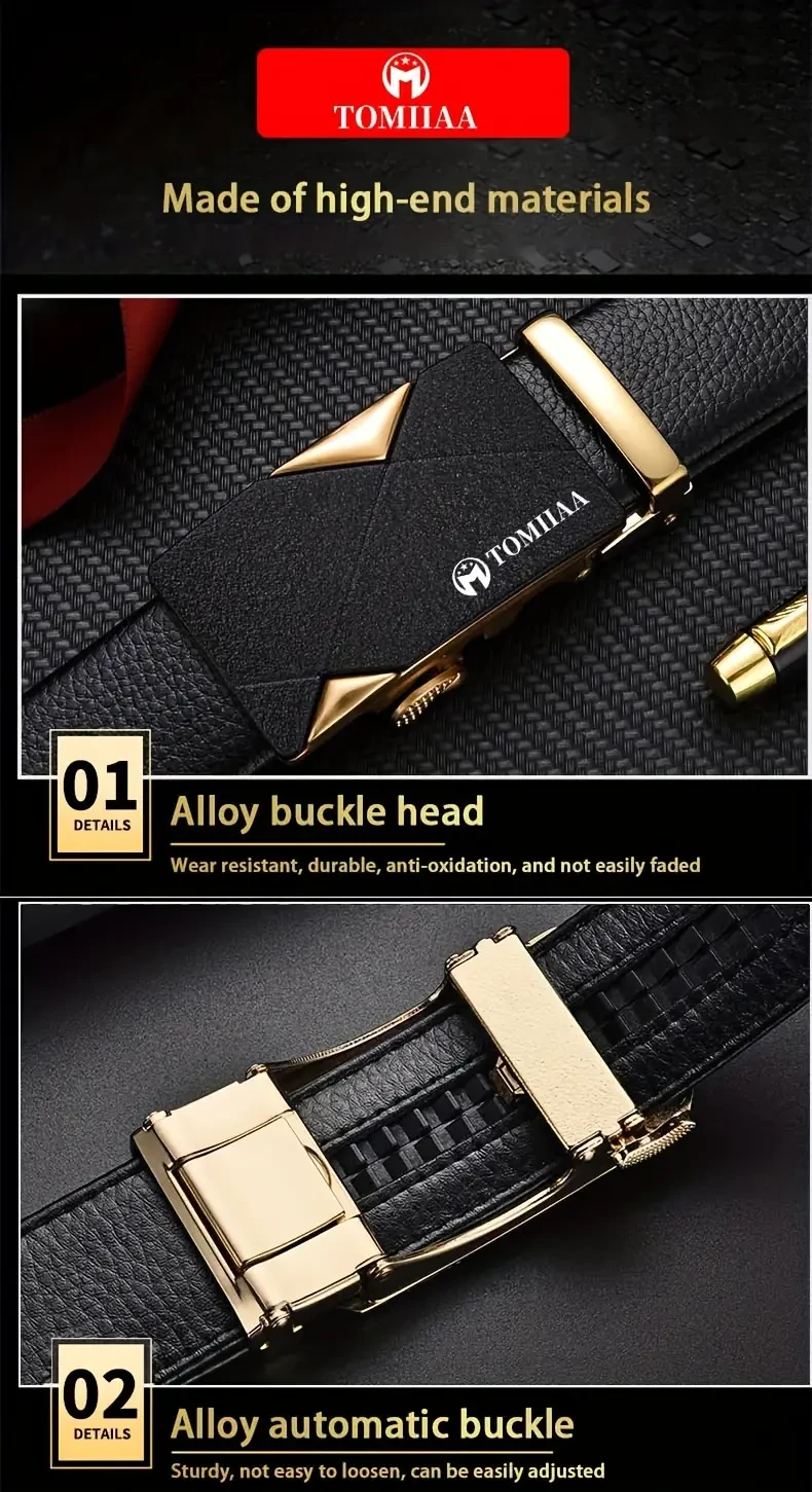 2pcs/Set TOMIIAA Gift Set Men's Genuine Leather Belt Business Casual Automatic Buckle Men's Belt & High Quality Men's Wallet