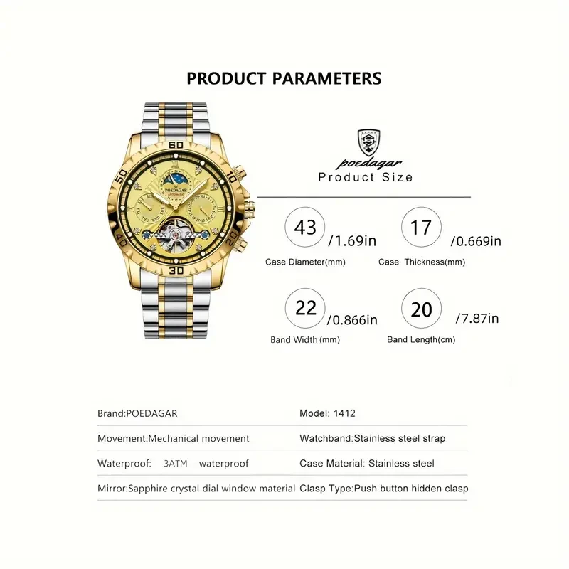 POEDAGAR Luxury Automatic Mechanical Watch Tourbillon Waterproof Luminous Date Week Men Wristwatch Stainless Steel Men's Watches