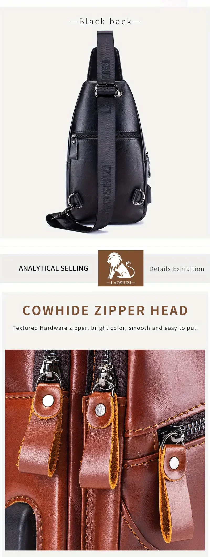 Men's Premium Genuine Leather Sling Bag with USB Charging Port - Adjustable Strap, Multi-Pocket Crossbody Chest Pack for Outdoor Adventures