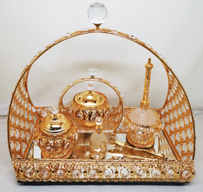 Gold Design Vanity Set: Candle Holder, Jewelry Box, Perfume Bottle, and Mirror Tray
