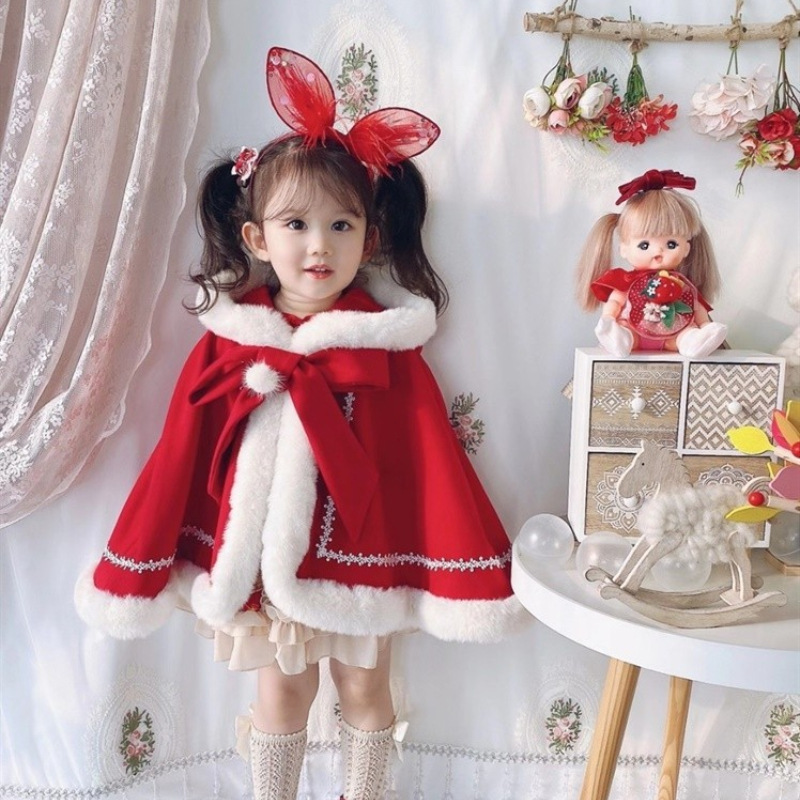 Thickened Kids' Overcoat Fleece-lined Shawl Fur Collar Christmas Cape