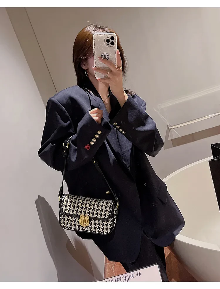 Women's Houndstooth One Shoulder Underarm Baguette Bag