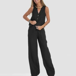 Summer Vest Suits V-neck Botton Sleeveless Top And Loose Straight Trousers