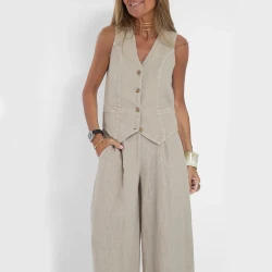 Summer Vest Suits V-neck Botton Sleeveless Top And Loose Straight Trousers