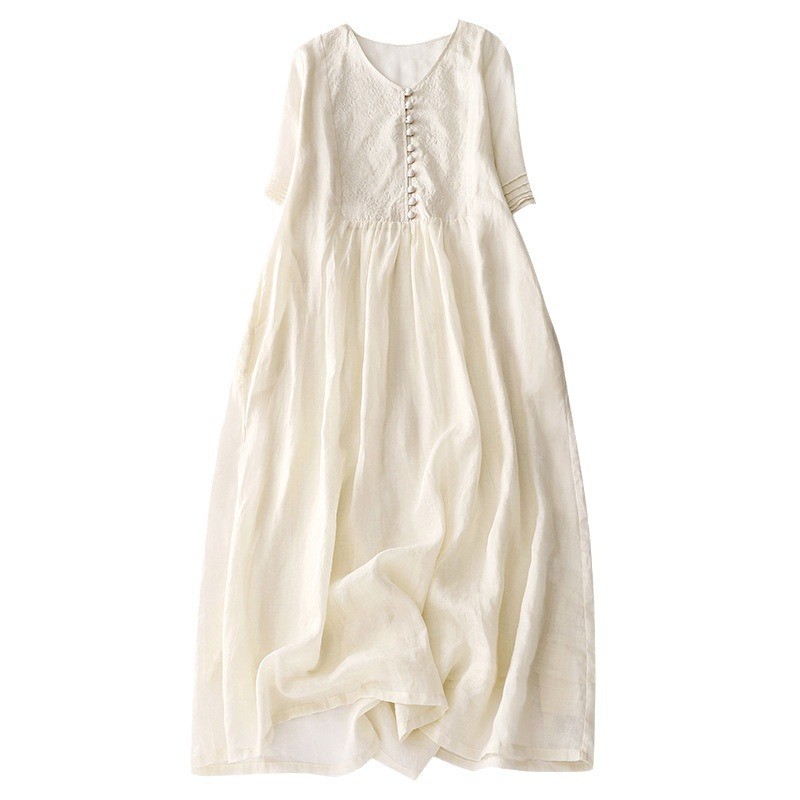 Embroidered Cotton And Linen Solid Color Beige V-neck Dress