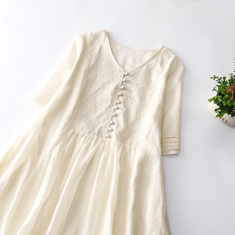 Embroidered Cotton And Linen Solid Color Beige V-neck Dress
