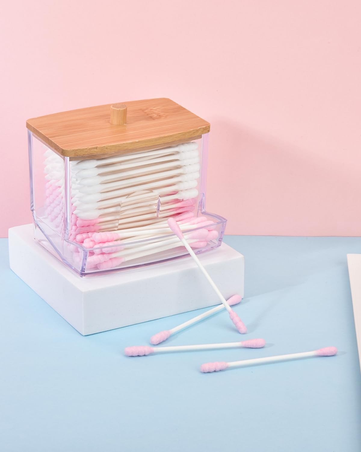 Cotton Swab Holder  Clear Plastic Dispenser with Bamboo Lid