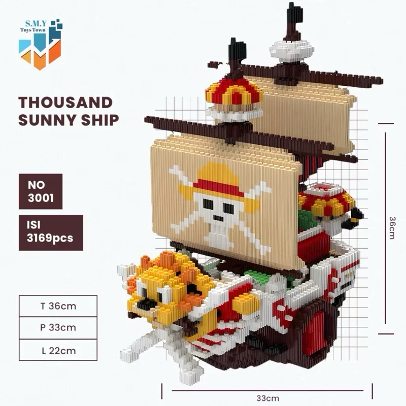 TSC Nano Blocks Thousand Sunny Ship One Piece 3D Model, Toy Block Stacking, Anime Bricks DIY Construction, Onepiece Magic Block