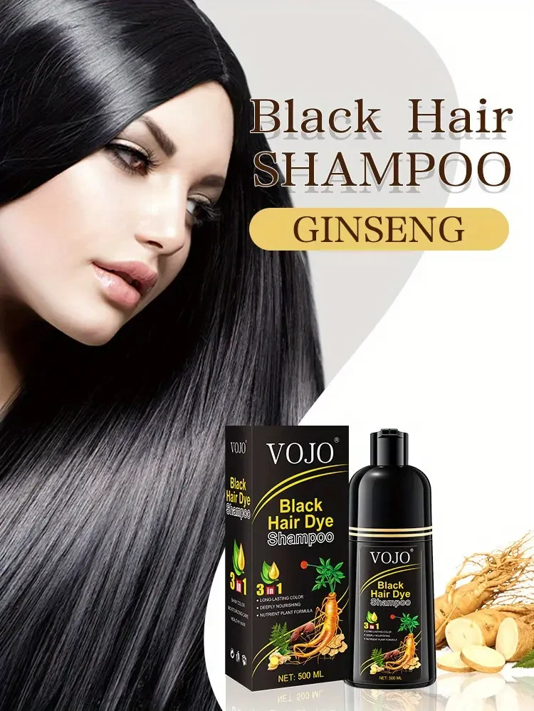 VOJO Natural Ginseng 3 in 1 Hair Dye Shampoo, 500ml, Long-Lasting Color, Black & Dark Brown, Nourishing Formula for Men & Women