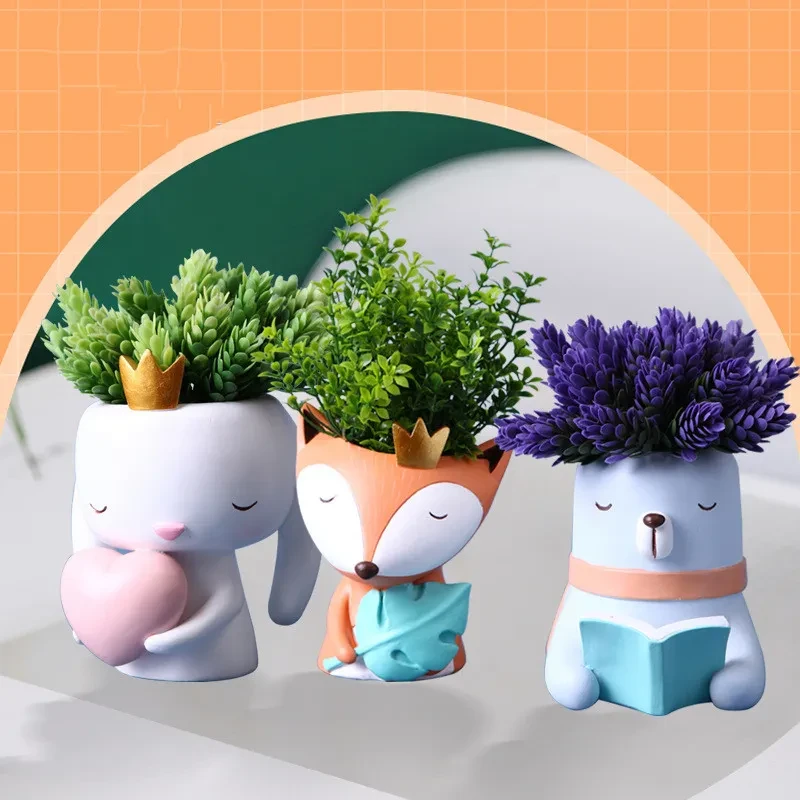 Fox Flowerpot Cartoon Rabbit Creative Home Nordic Light Luxury Decoration Decoration Living Room Pure Handmade Resin Crafts