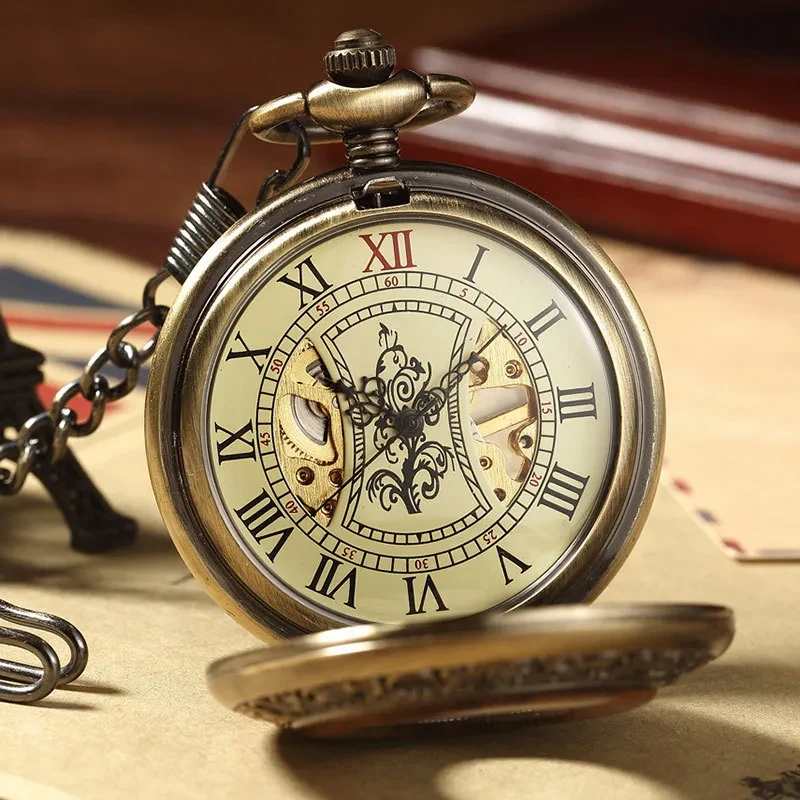 Vintage Luxury Wooden Circle Skeleton Big Pocket Watch