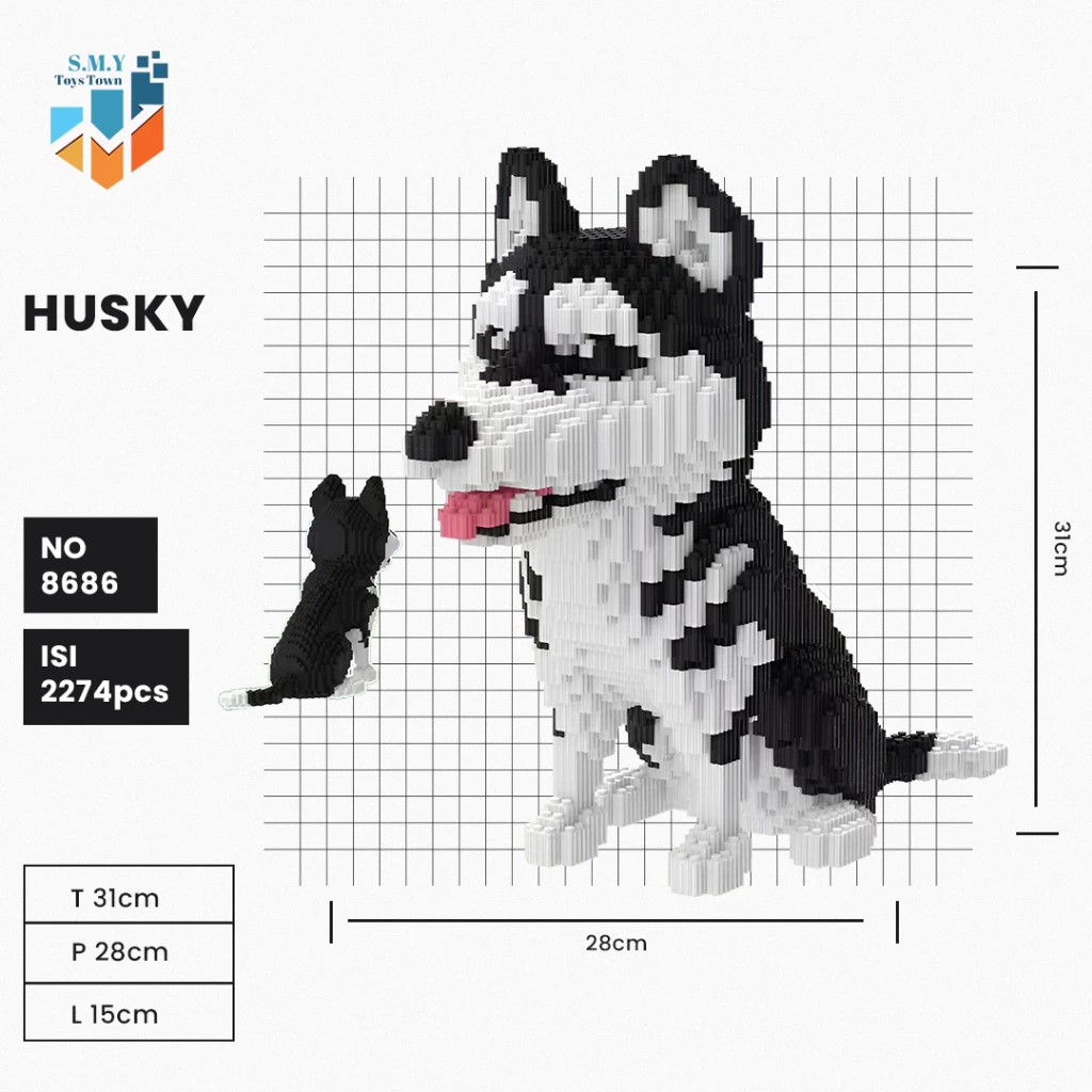 SMY Toystown Nano Blocks Animal Dog Huski Corgi Schnauzer 3D Model, Toy Block Stacking, DIY Construction Bricks