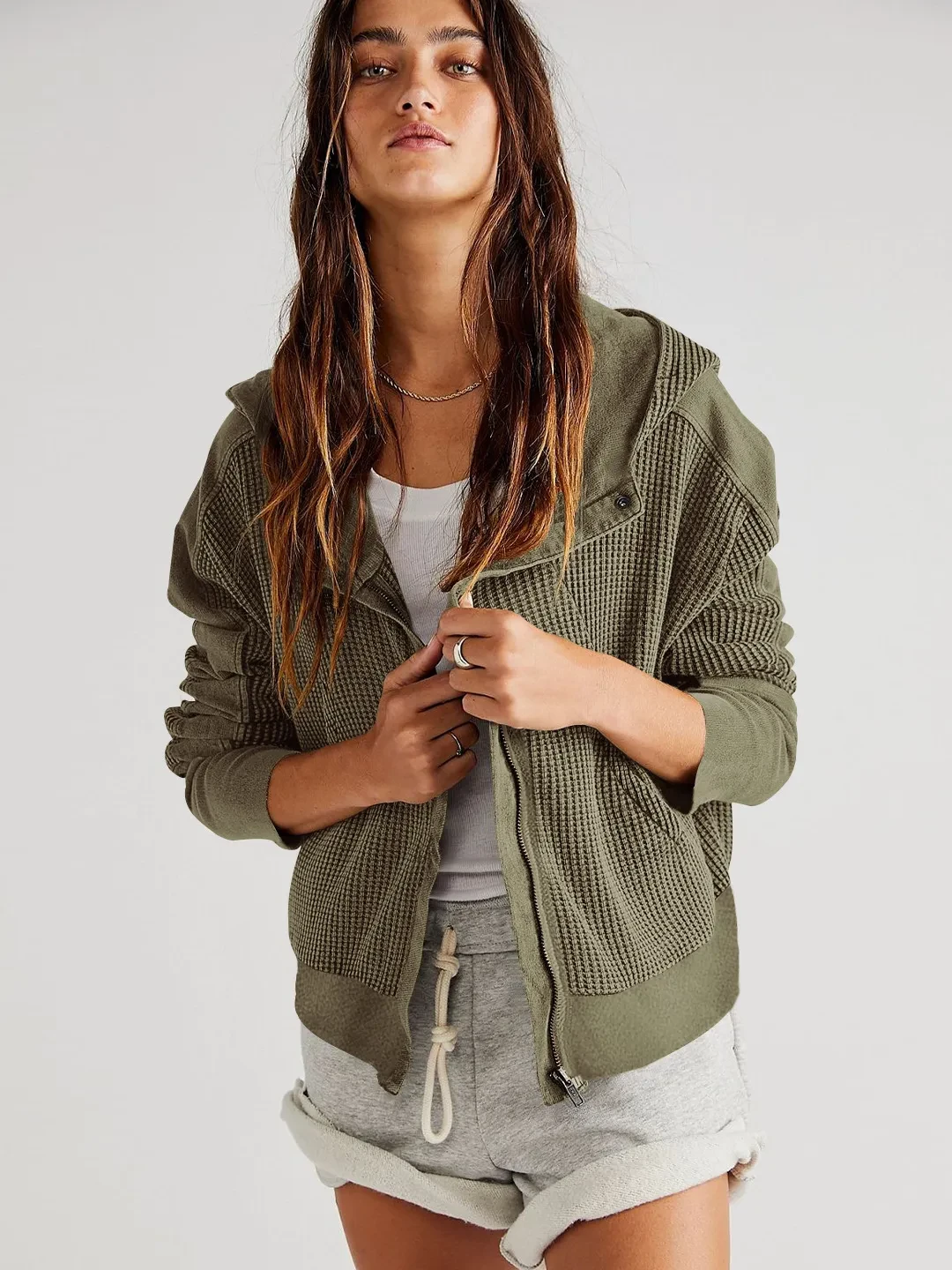Fashion Hooded Sweatshirt Jacket Women Zipper Short Sweater Tops