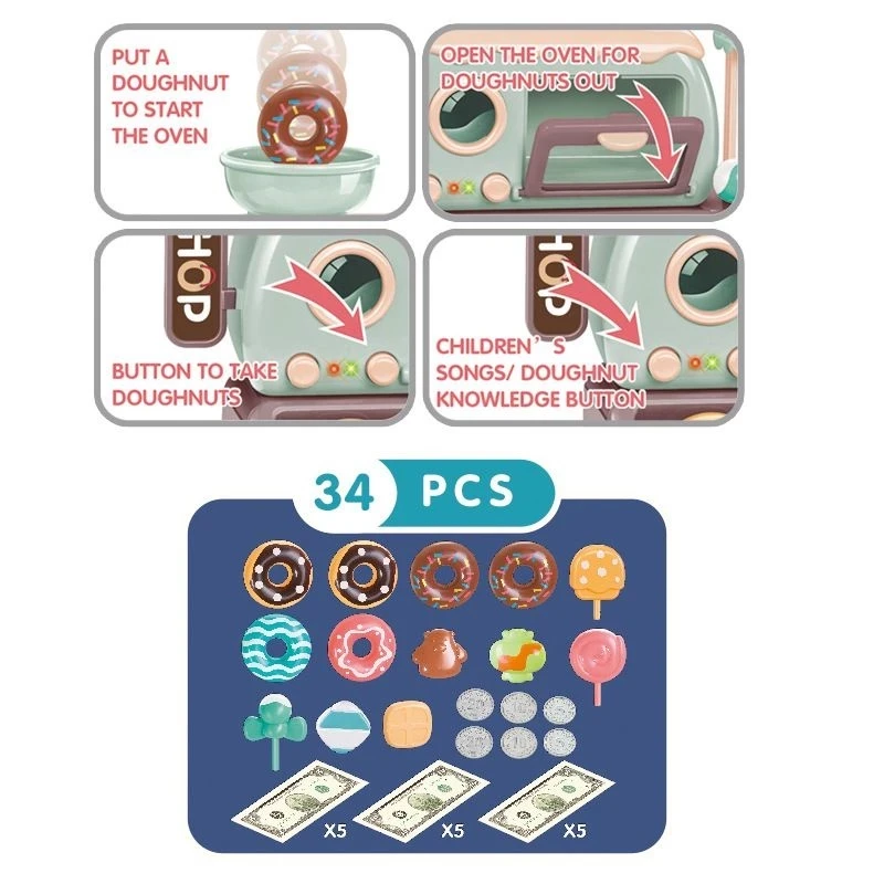 Children Toys Mini Candy Paradise 34pcs Donuts Shop Toys Cashier Donuts