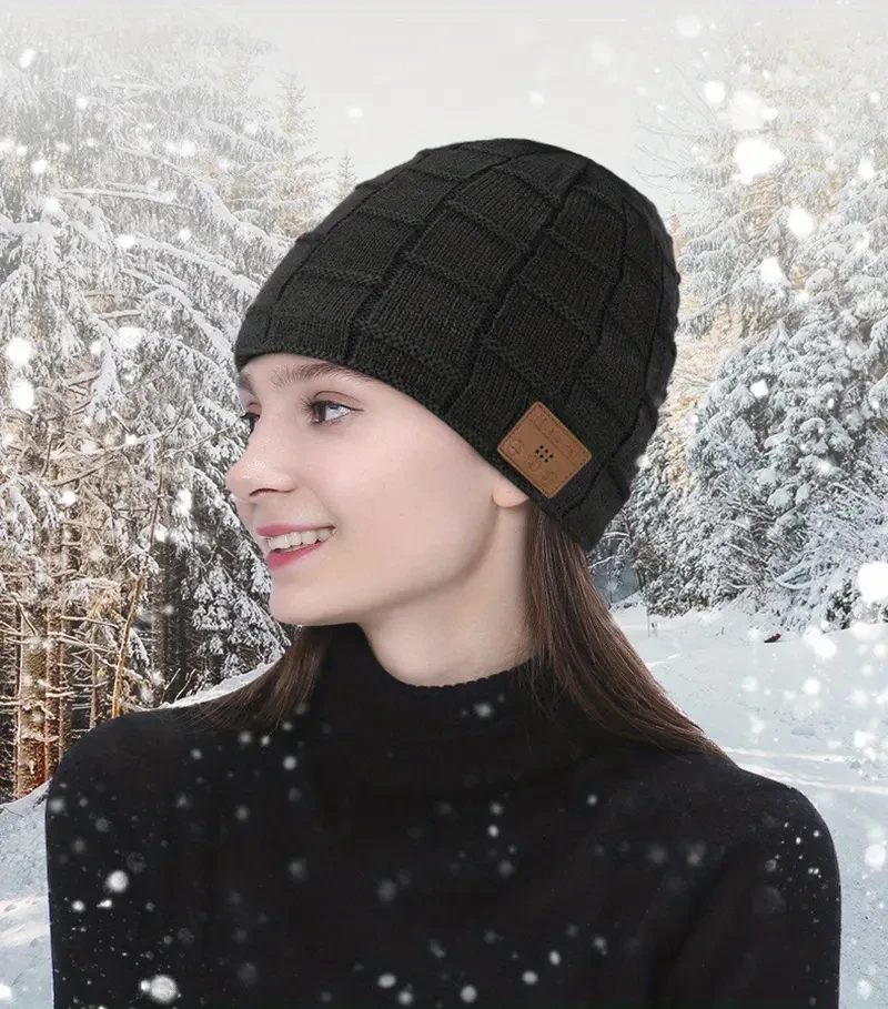 Christmas Gift Wireless Beanie Hat Outdoor Snowy Use Velvet Insulation Large Plaid Music Earphones Knitted Hat