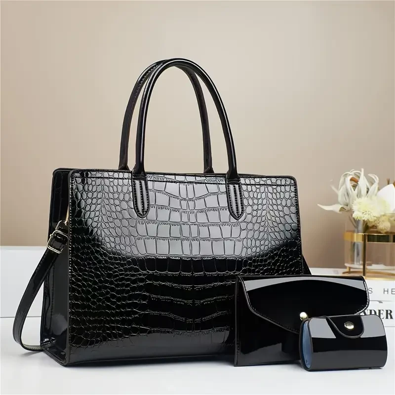 1pc Elegant Crocodile Pattern Faux Leather Tote Bag for Women, Fashionable High-End Handbag with Removable Strap, Zipper Closure, Polyester Lining, and Includes Matching Wallet