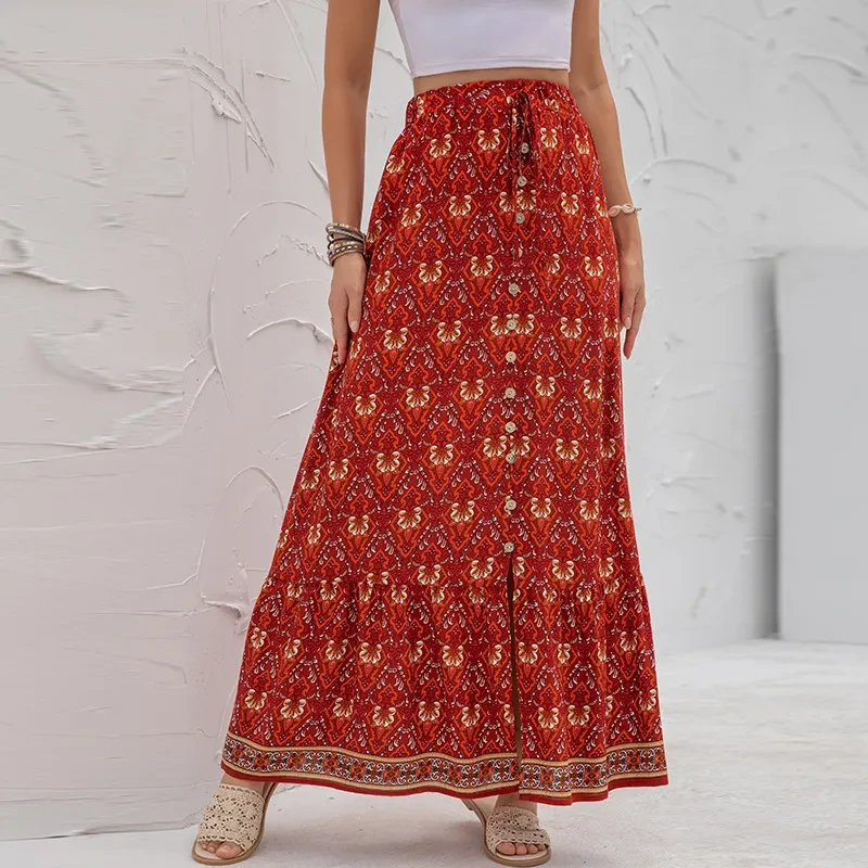 Women's New Product High Waist Printed Buttoned Split Skirt