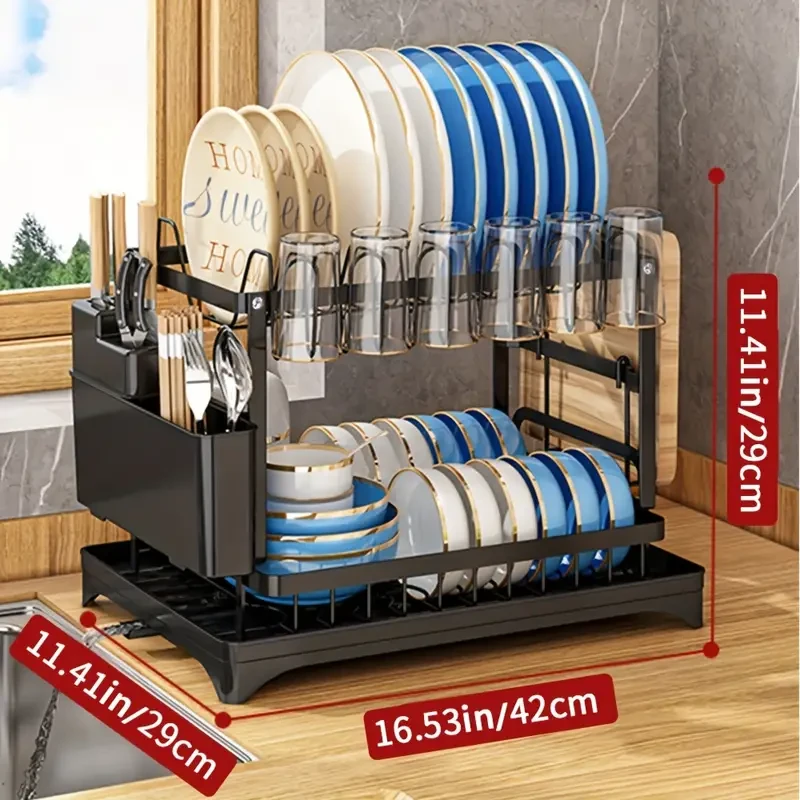 Detachable Larger Capacity 2-Tier Dish Drying Rack Drainboard Set