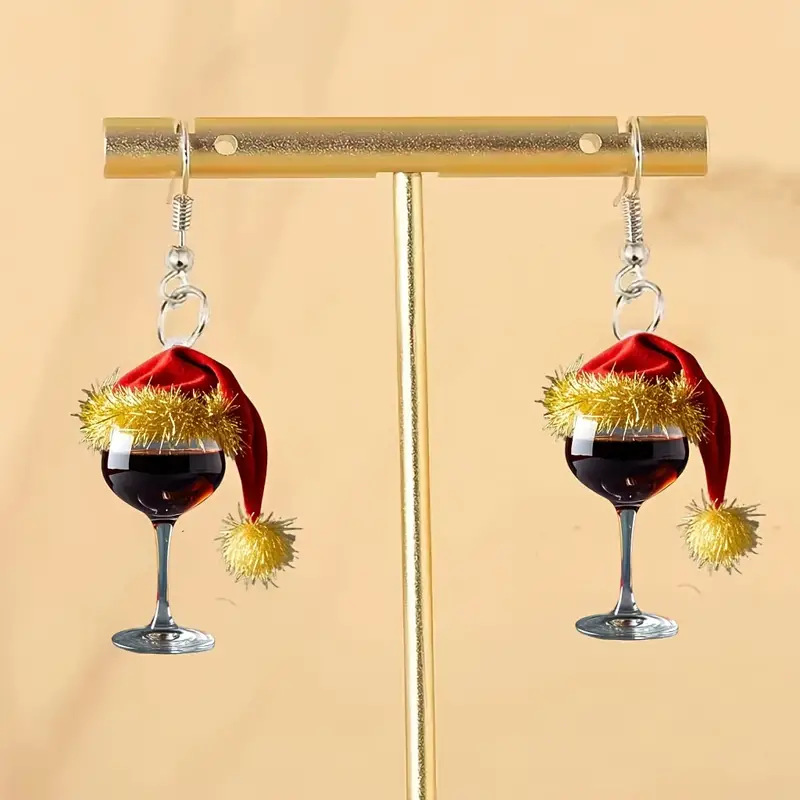 Christmas earrings NZ, holiday acrylic earrings New Zealand, Christmas hat earrings NZ, wine glass earrings NZ, festive earrings for women NZ, lightweight holiday earrings NZ, fun Christmas jewelry NZ, Christmas party accessories NZ, unique holiday gifts