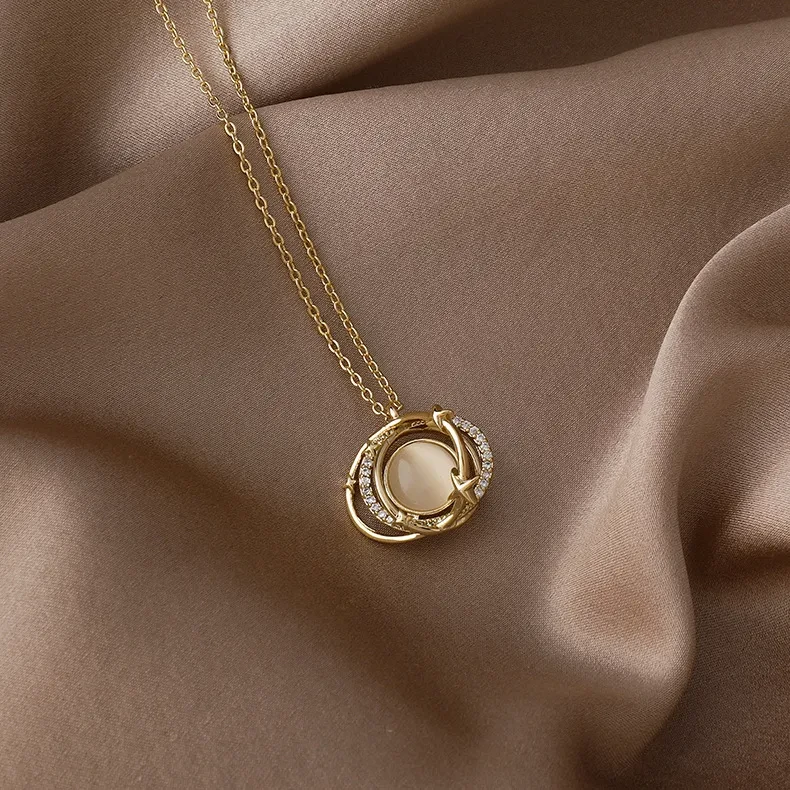 Double round overlapping opal planet necklace women