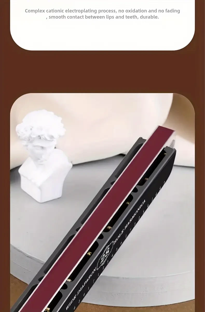 Professional 28-Hole Double Row Harmonica with Brass Reeds - Polished Metal Finish, Includes Case - Ideal for Musicians and Students