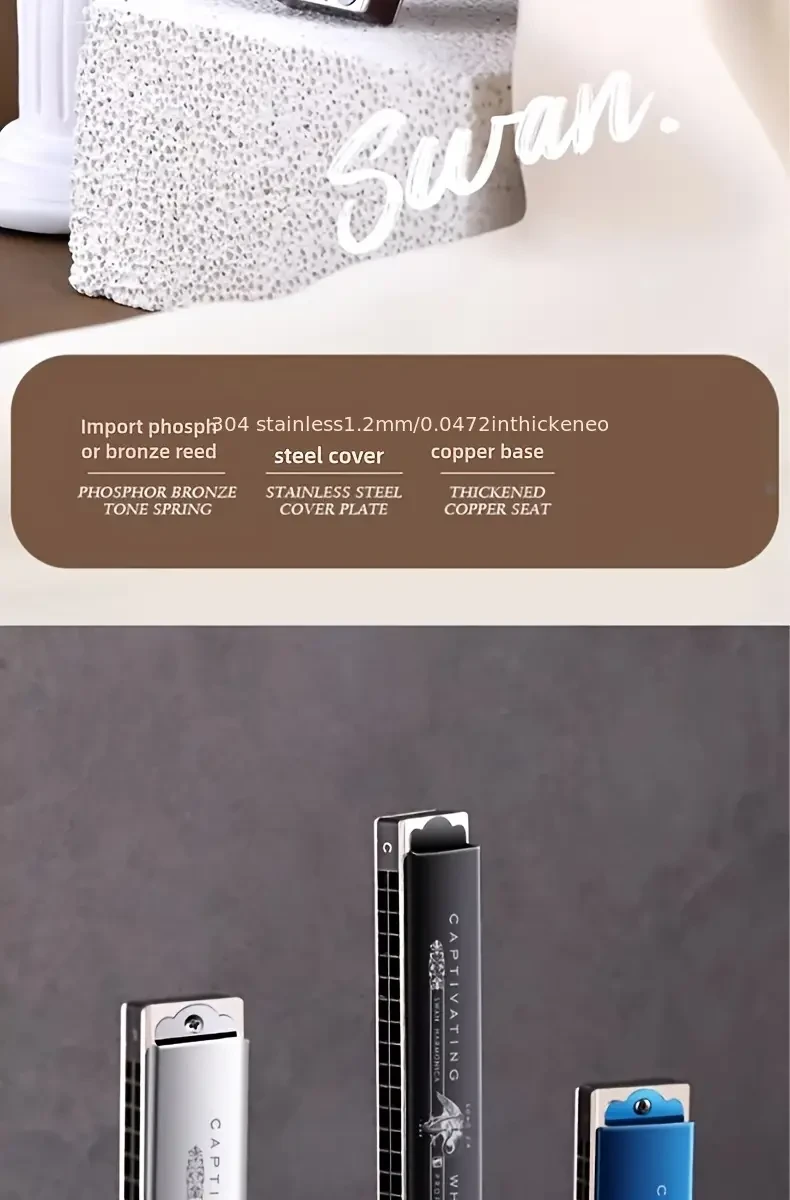 Professional 28-Hole Double Row Harmonica with Brass Reeds - Polished Metal Finish, Includes Case - Ideal for Musicians and Students