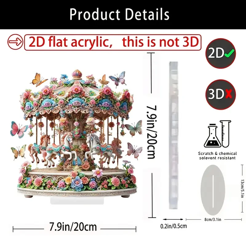 Art Deco Acrylic Carousel Music Box - Romantic Fantasy Horses & Flowers Design