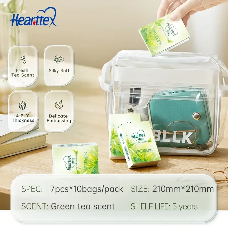 Hearttex Premium 4 Ply Pocket Tissue, Green Tea Scent, 8pcs/bag, 10 Bags/pack. Big Size Mm*mm, Super Strong And Soft, High Quality, 100% Virgin Pulp, High Temperature Treatment, No OBA