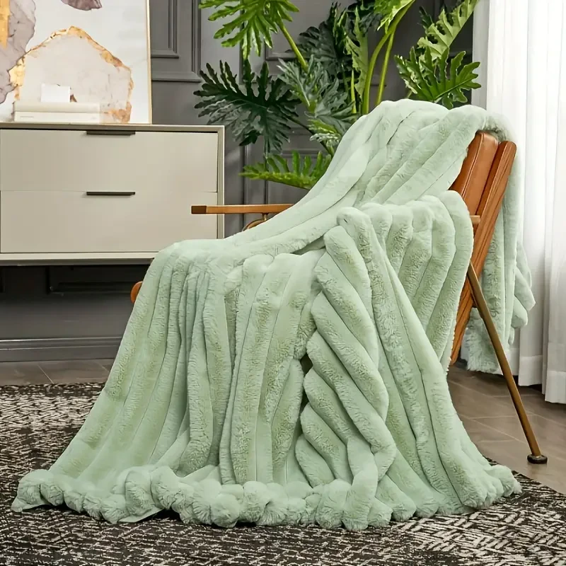 Luxurious Faux Rabbit Fur Striped Throw Blanket