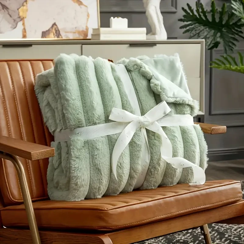 Luxurious Faux Rabbit Fur Striped Throw Blanket