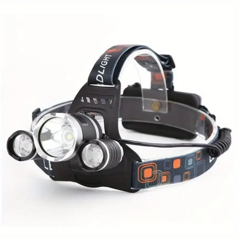 1pc Rechargeable LED Headlamp, 3x T6 6000LM, 4 Modes, CREE XM-L, Polished Metal, PVC Material, Battery-Powered with 18650 Lithium Battery, 36V Max Operating Voltage for Outdoor Activities