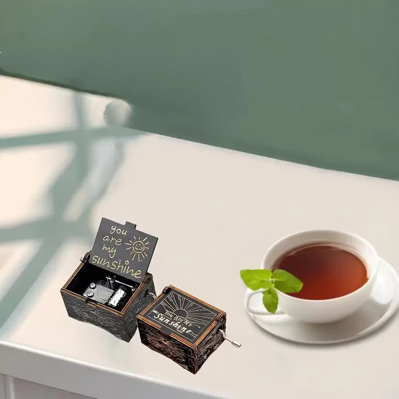 Hand Crank Laser Engraved Vintage Wooden Music Box,