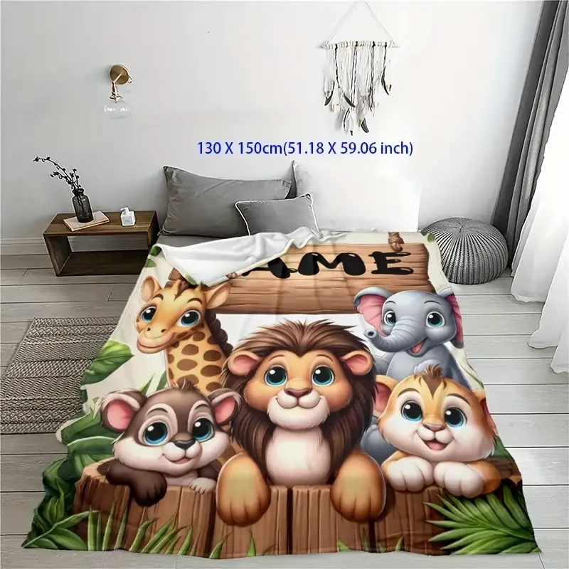 Custom Name Personalized Animal Zoo Theme Flannel Throw Blanket -