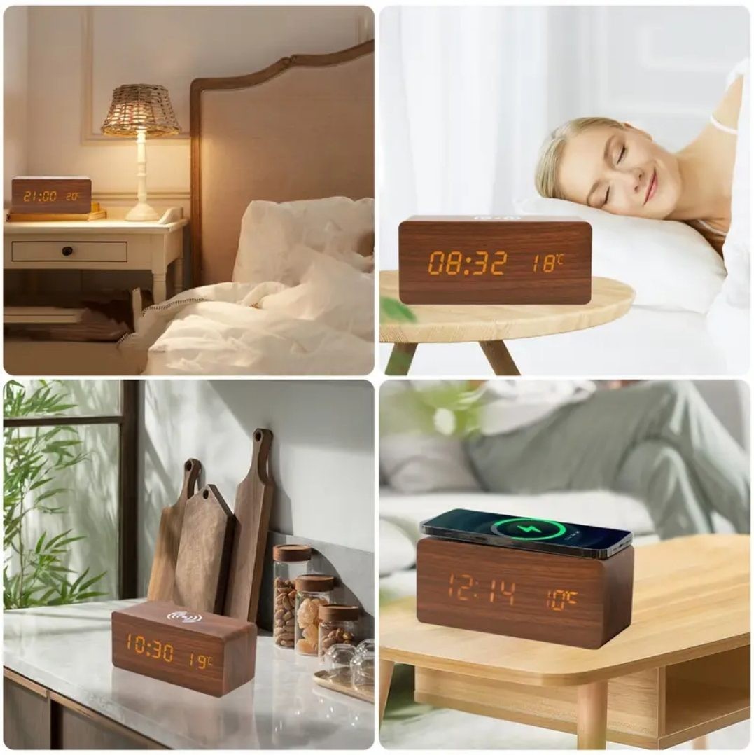 AWESOME WOODGRAIN ALARM CLOCK WITH WIRELESS CHARGER AT TOP , USB POWERED