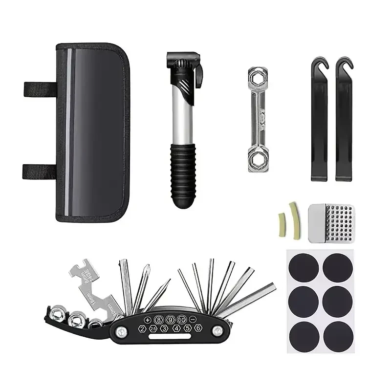 Mountain Bike Repair Tool Kit with Tire Inflator, Hex Tools Set, Tire Levers & Wrenches - Aluminum Alloy, Black
