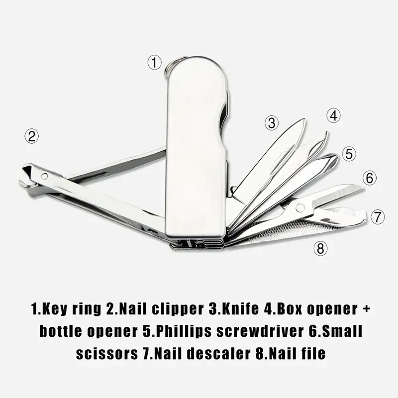 Stainless Steel Multi-Tool Keychain - Portable Travel Nail Clipper, File, Fruit Knife, Scissors, Screwdriver & Bottle Opener Combo - EDC Design for Keys & Bag