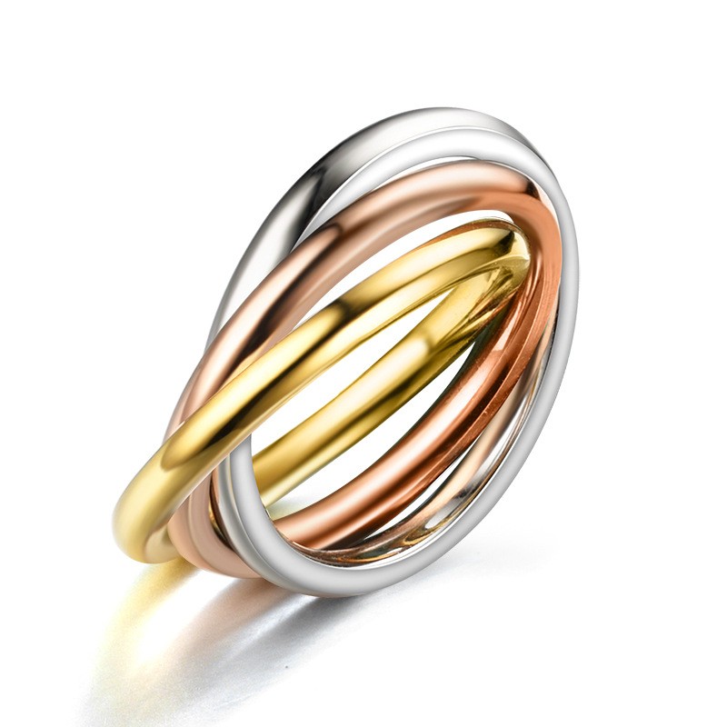 Gold-Plated Stainless Steel Women's Three-Color Three-Ring Interlocking Stacked Couple Ring