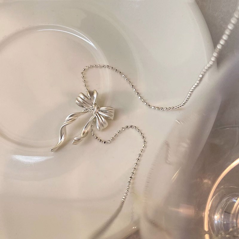 New S925 Sterling Silver Elegant Bow Pendant Necklace