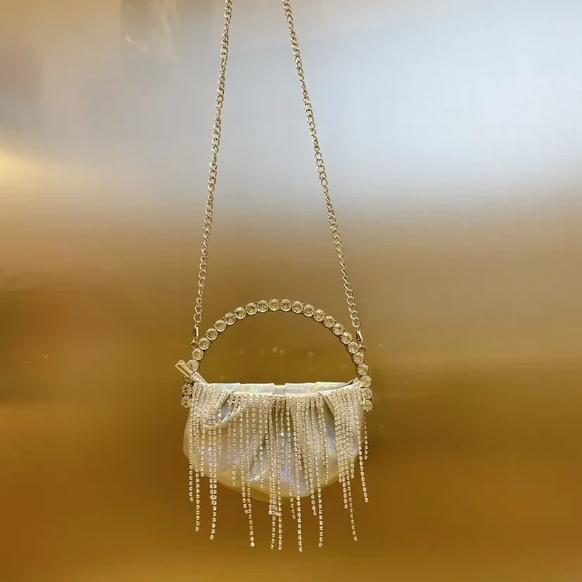 Rhinestone Tassel Pleated Mini Shoulder Messenger Bag